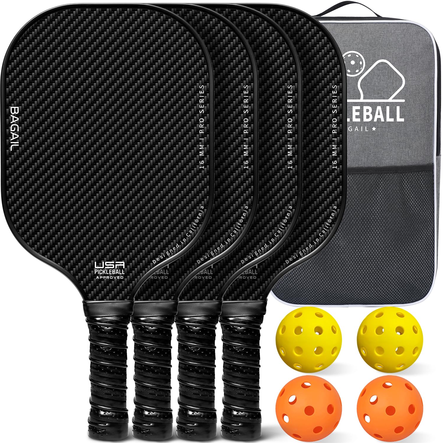 BAGAIL Pickleball Paddles Set, Pickle Ball Rackets with 4 Balls, Light - High Shock Absorption - Ergonomic, Suitable for Indoor and Outdoor Pickleball Games