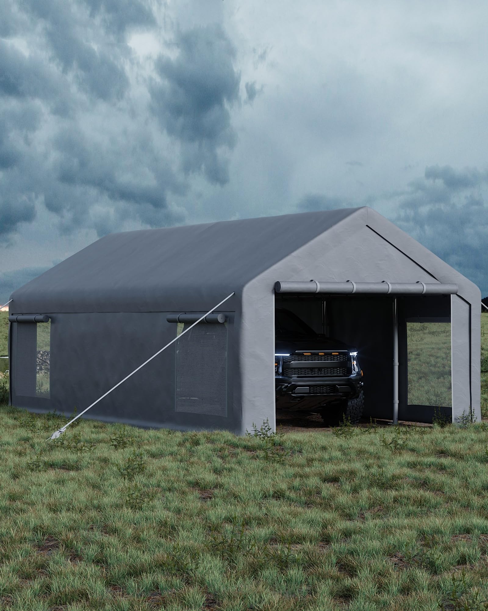 Photo 1 of GarveeLife 13x25 Ft Carport with 10 Sandbags, Car Port with 220g PE Tarp, 2 Roll-Up Doors, and 4 Windows, for Full-Size Pickups, Bass Boats, Tractors, and SUVs, Gray