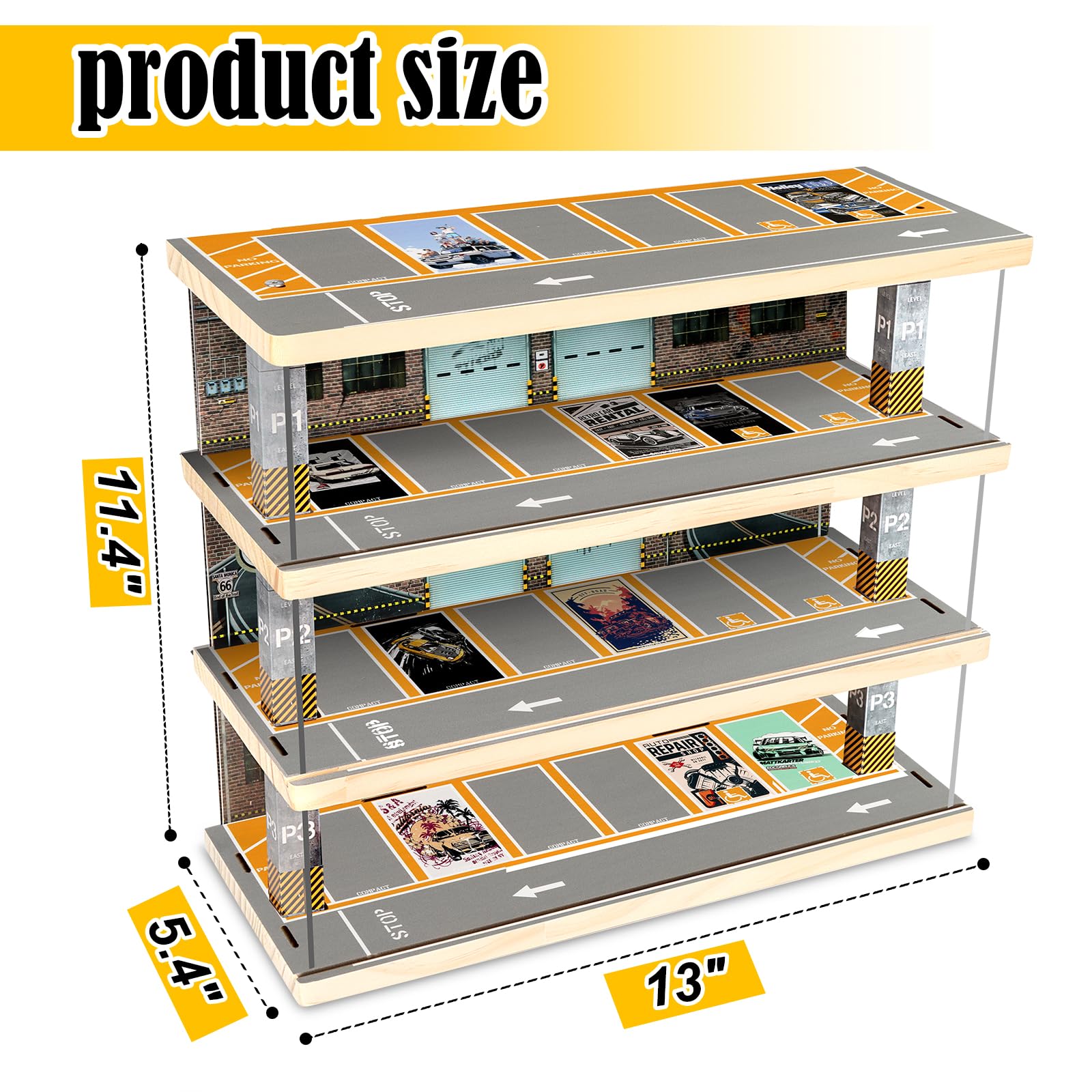 Saichotoy Storage for Hot Wheels: Toy Car Parking Garage Diorama with Lights - Freestanding Display Case for 1/64 Scale Diecast Cars with 4 Levels 24 Spots Maximum 40 Cars