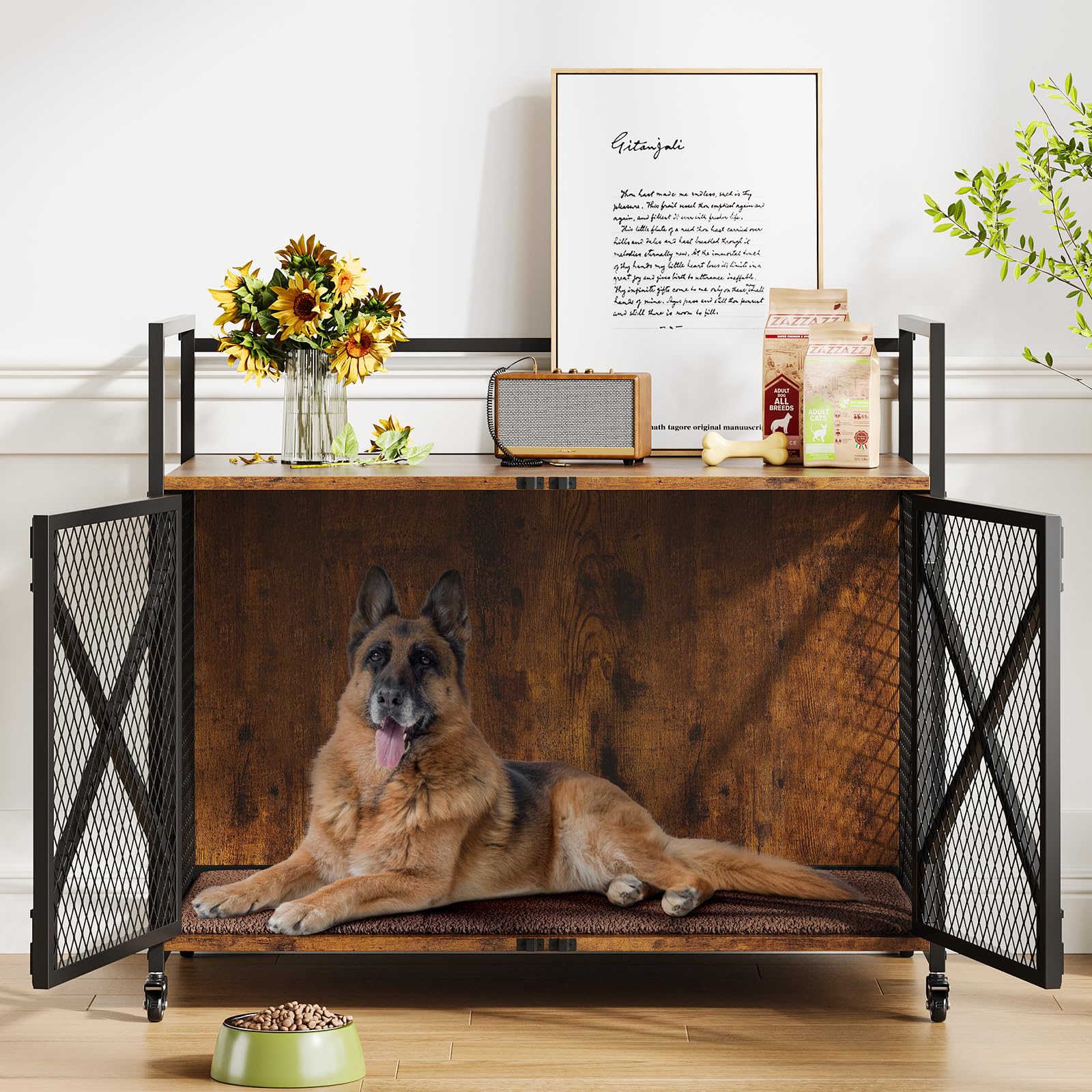 Photo 1 of ***INCOMPLETE - MISSING HARDWARE, WHEELS, AND PANELS - SEE PICTURES***
GarveeLife 41 Inch Dog Crate Furniture, Heavy Duty Decorative Dog Cage with Lockable 360° Wheels, Double Door Dog Kennel End Table for for Small Medium Large Dog, Rustic Brown