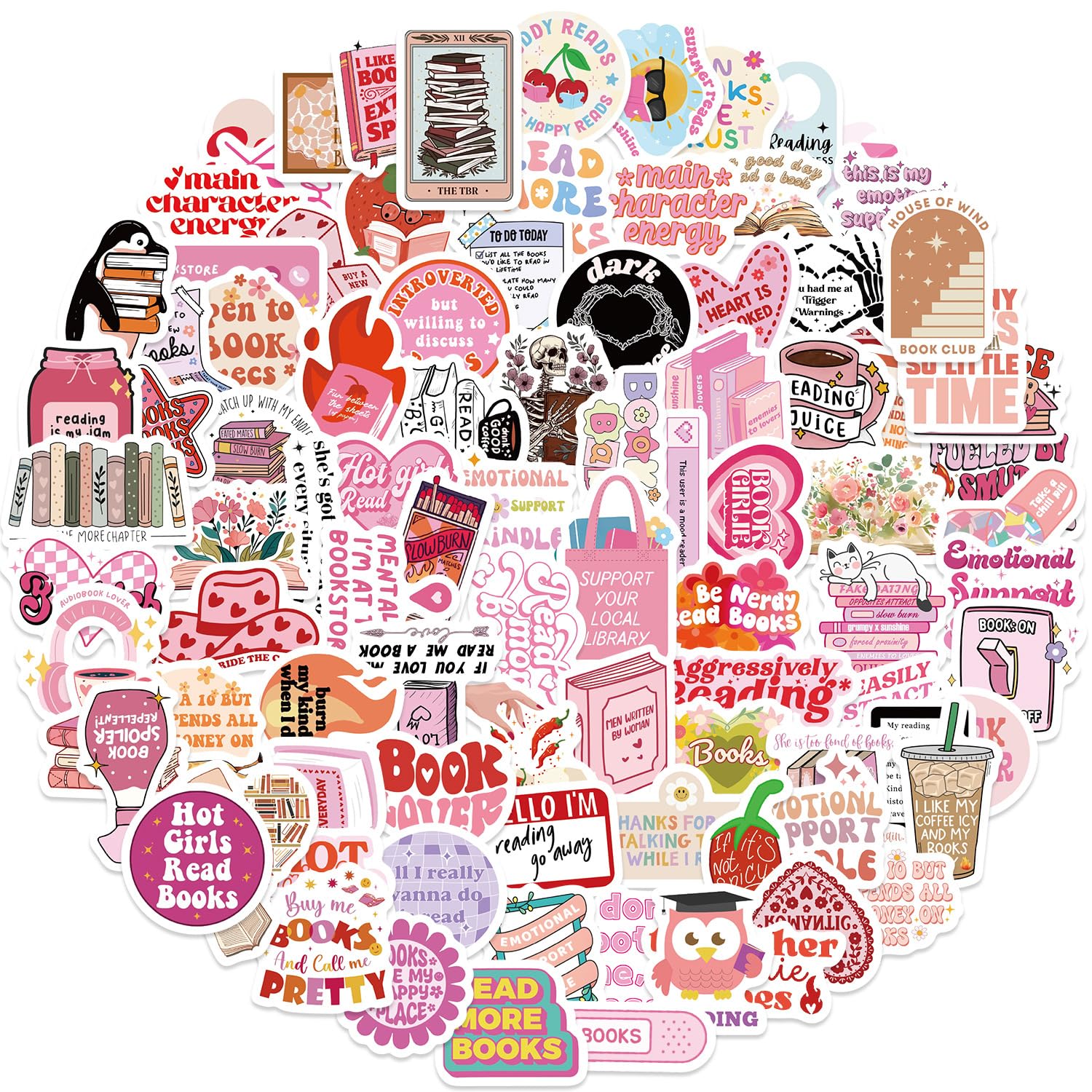 Book Stickers 100 Pcs, Pink Bookish Sticker for Kindle,Bookish Stickers for Scrapbook Water Bottles Laptops, Waterproof Cute Sticker for Book Lover