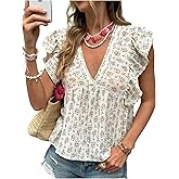 GORGLITTER Women's Floral Boho Babydoll Tops V Neck Cap Sleeve Ruffled Tredny Peplum Shirt Blouse