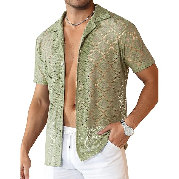 Amazon.com: WDIRARA Men's Floral Sheer Mesh See Through Button Up