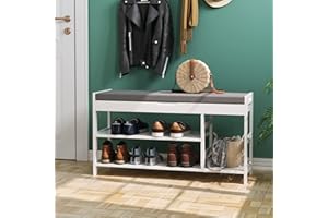 HIFIT Bamboo Shoe Bench Rack with Storage, Entryway Storage Bench with Padded Seat, Shoe Oiganizer Shelf for Entryway Mudroom Bathroom, White