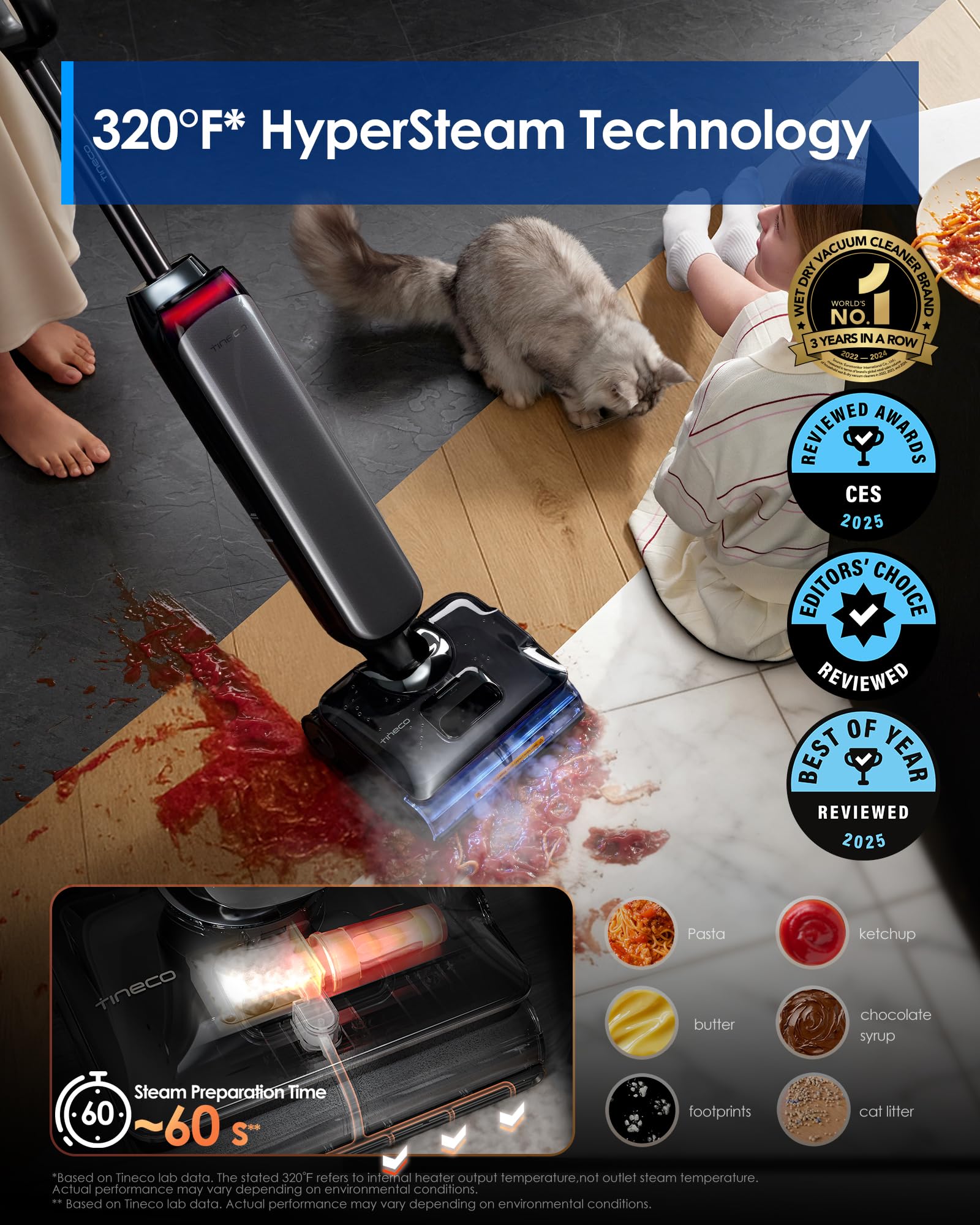 Tineco Floor One S9 Artist Aspiradora en seco y húmedo a vapor, limpieza a vapor a alta temperatura, succión de 22 kPa, SmoothDrive de 360°, diseño antienredos, secado rápido a 185°F, tiempo de funcionamiento prolongado, posición plana de 180°