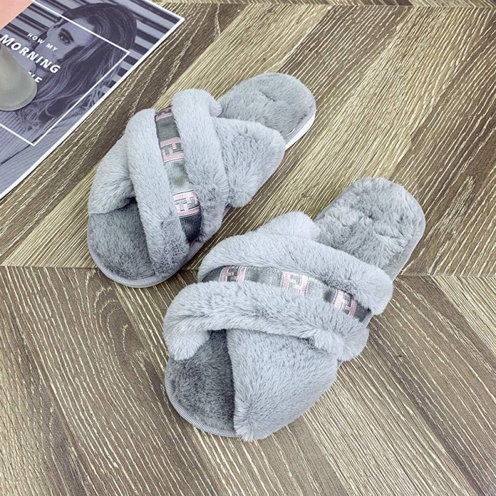 Pantoufles Femmes Coton Slippers,Automne Hiver Au Chaud Vintage Gris Simple Croix Ouvert À Fond Épais À L'Intérieur De Peluche Confortable Et Antidérapante Soft Mute Bas Coton Accueil Chaussons Pour L