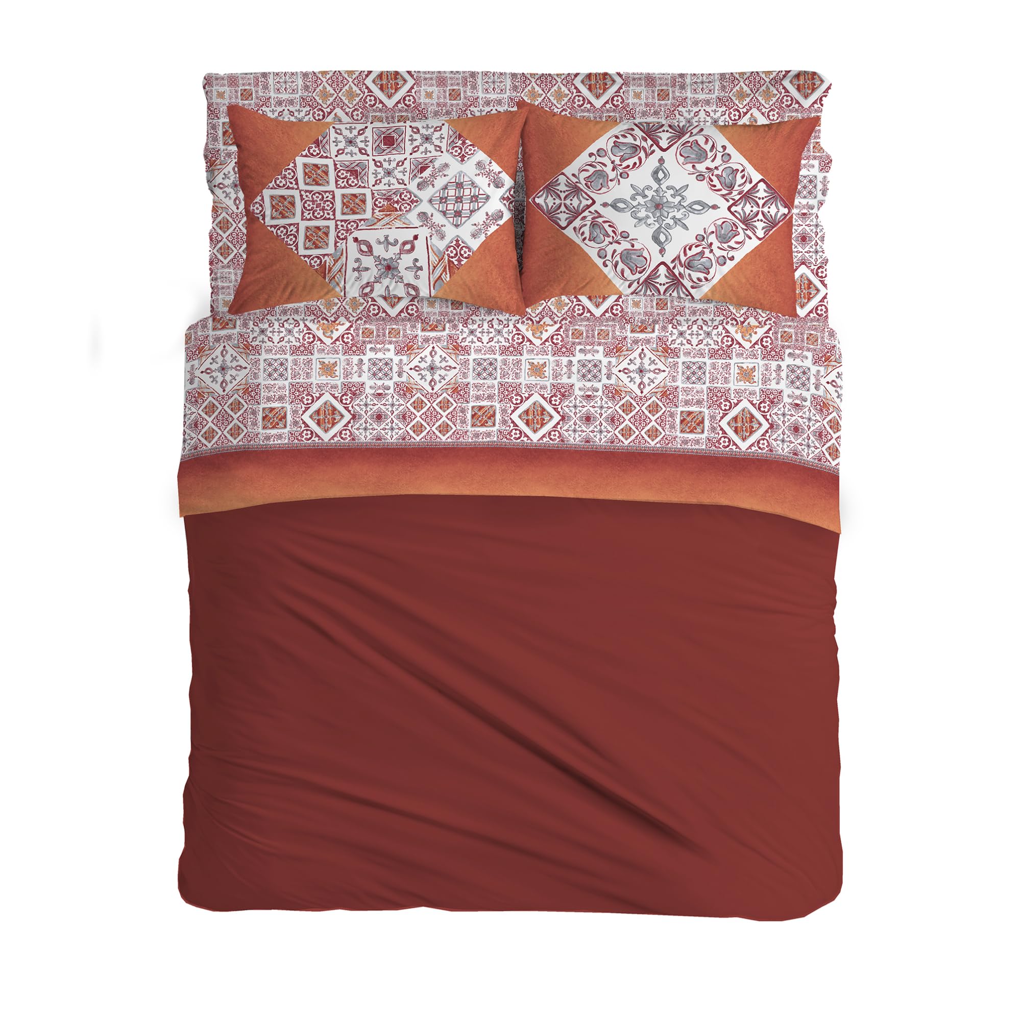 PENSIERI DELICATI Double Bed Set 100% Cotton, Complete Double Bed Sheet Set 180 x 200 cm, Including Bottom Sheet, Top Sheet and 2 Pillowcases, Made in Italy, Red Majolica Pattern