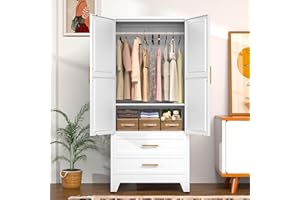 GAIOUS Metal Wardrobe Cabinet with Hanging Rod, 71" Metal Clothing Storage Cabinets with 2 Door, 1 Adjustable Shelf and 2 Drawers, Steel Armoire Wardrobe Closet for Bedroom, Gym, Cloak Room (White)
