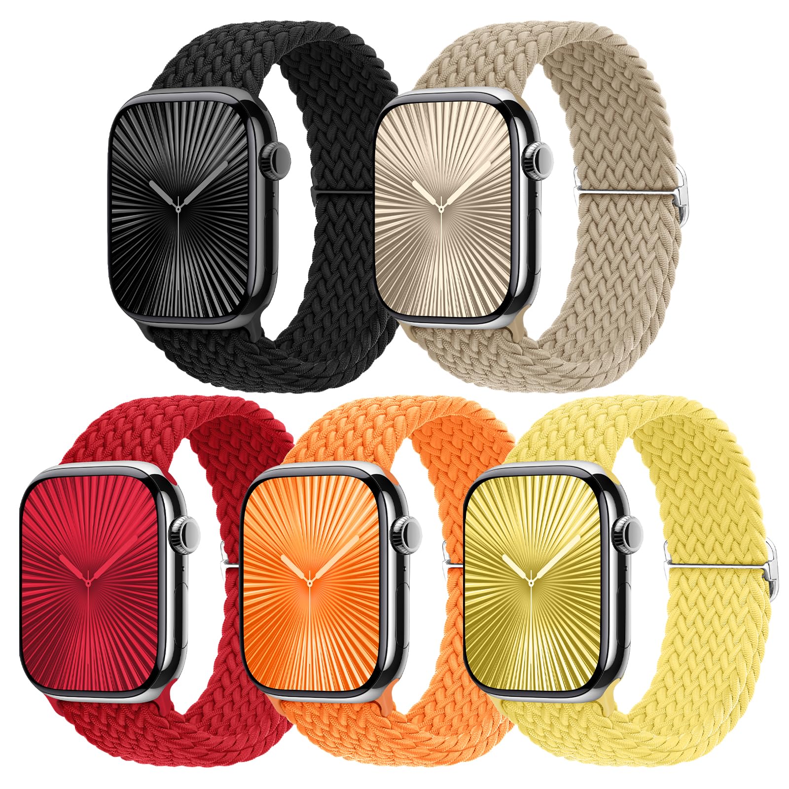 Photo 1 of 5 Pack Braided Stretchy Bands Compatible with Apple Watch Bands Women Men 38mm 40mm 41mm 42mm 44mm 45mm 46mm 49mm,Nylon Solo Loop Elastic Straps Cloth Wristbands for iWatch All Series 1-10 SE Ultra
