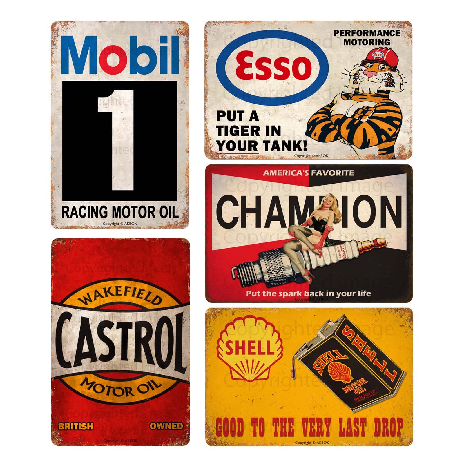 AKBOK Vintage Tin Signs Auto Motorcycle Gasoline Metal Poster Garage Shop Man Cave Bar Home Wall Decoration 5PCS 20X30CM