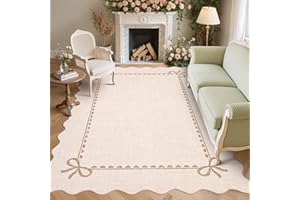 GarveeHome Scalloped Bow Rug for Living Room, Solid Beige Rug for Dorm, Washable Rugs 8x10 Soft Low Pile Non Slip Scalloped R