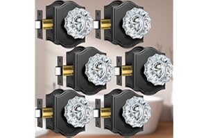 Calzibeno Glass Door Knobs Interior, 6 Pack Crystal Door Knobs with Lock for Privacy Use, Black Glass Door Knobs for Interior Bedroom Bathroom, Vintage Glass Crystal Door Knob Set