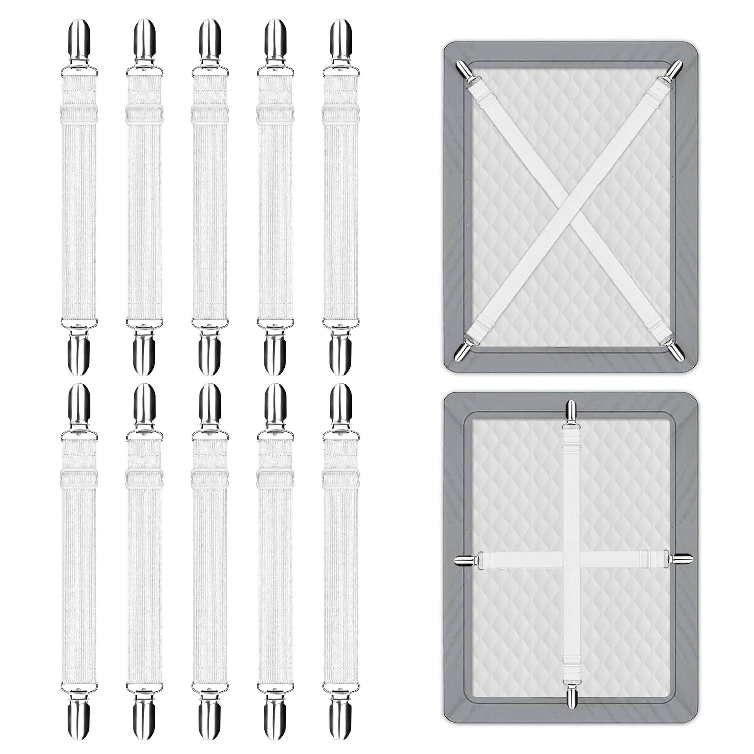 Bed Sheet Clips, 10PCS Adjustable Bed Sheet Straps, Upgraded Elastic Sheet Fasteners, Max Length 130cm White Sheet Suspenders for Bedding, Fitted Bed Sheet Grippers to Keep Your Sheets in Place