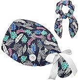 Scrub Caps Women Nursing Hats with Button, Adjustable Working Cap with Ponytail Pouch Scrunchy and Ribbon Tie for Women