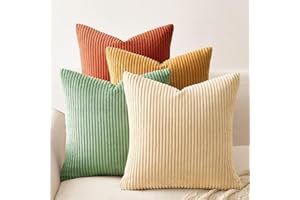 Coga 4 Packs Boho Fall Decorative, Throw Pillow Covers, Soft Plush Striped Corduroy Square Cushion Case for Living Room Couch