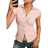 Kate Kasin Women Button Down Textured Blouse, V-Neck Ruched Tops with Y2K Collar, Slim Fit Cap Sleeve Going Out Casual Shirt