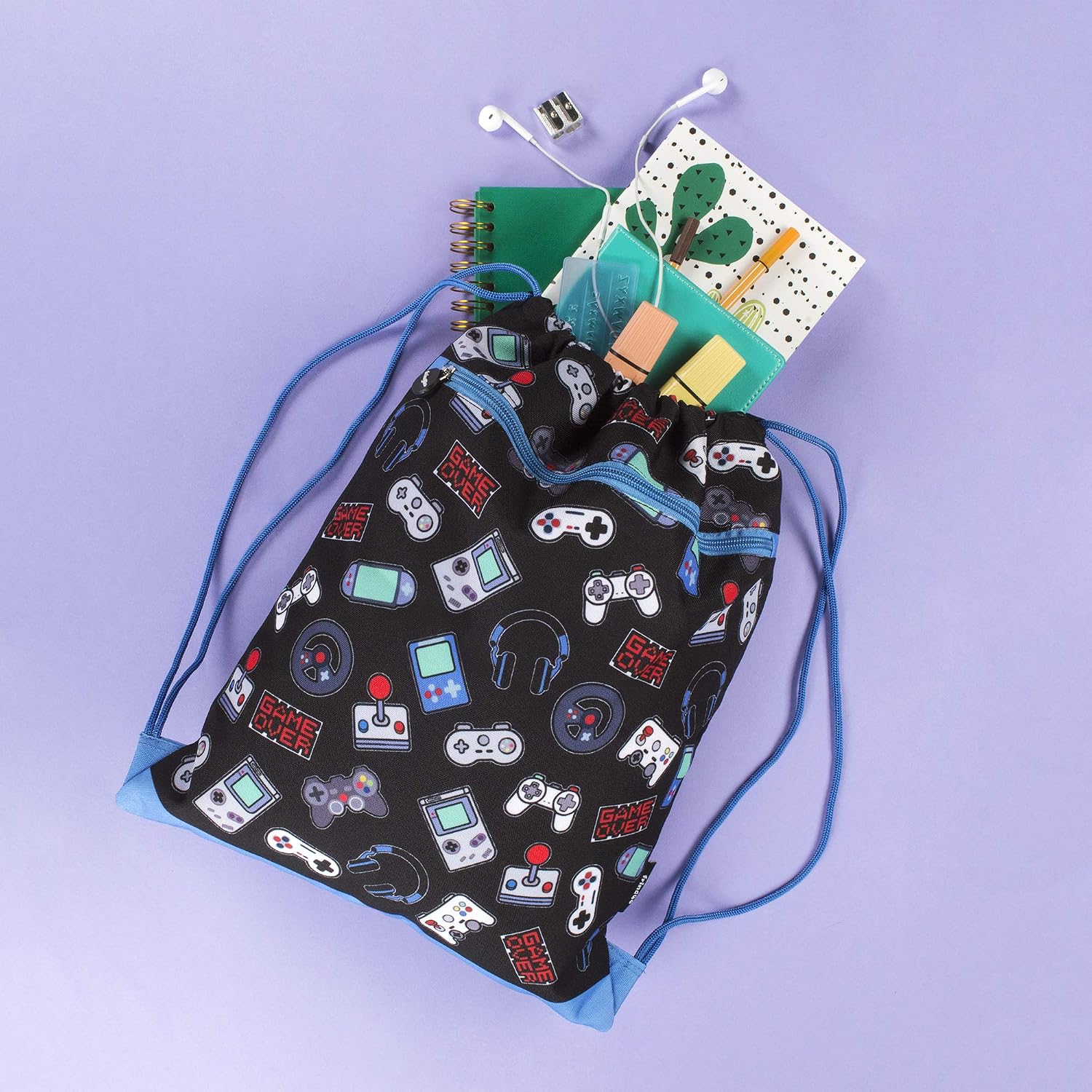 Fringoo - Kids Drawstring Bag - Front Zipped Pocket - Large Capacity Drawstring Bag - PE Bag - School - Gym - Swim - Gamer Design - Image 5
