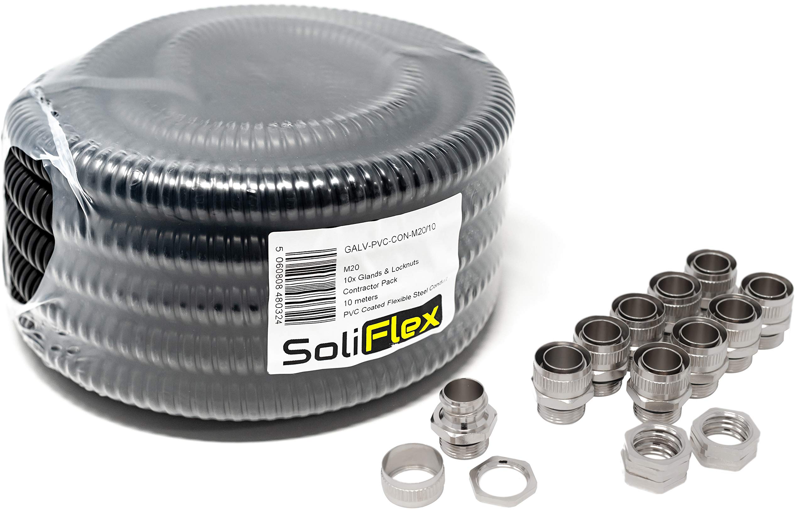 Outdoor Flexible Metal Cable Trunking | Galvanised PVC Coated Conduit Contractor Pack (IP54) 10M Coil - Underground Burial, Garden Ducting w/Fittings - 10 Glands and Locknuts โ image 1