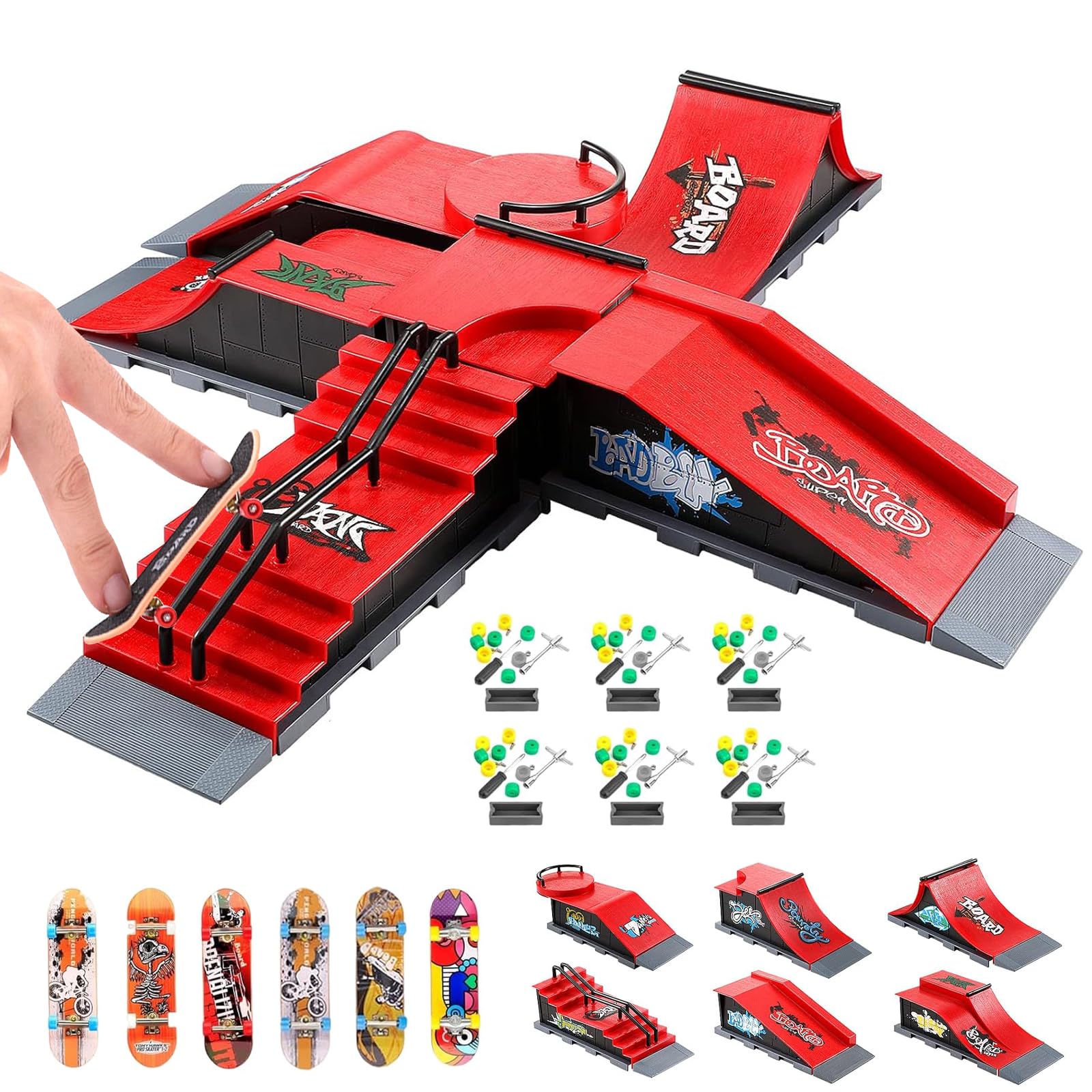 Finger Skateboards Ramp Set, 6 in 1 Fingerboard Skatepark Deck with 6 Skateboards 6 Fingerboard Ramps & Display Holder, Mini Finger Toy for Kids Adults Birthday Gift (Red)