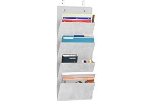 Simple Houseware Hanging Wall File Organizer Wall Mount/Over The Door Office Document Holder, 4 Pockets, Grey