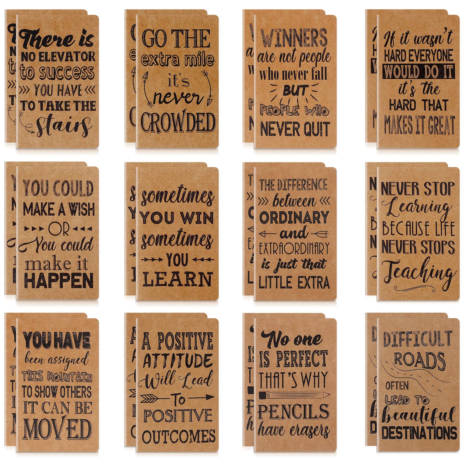 24 Pieces Inspirational Notepads Mini Motivational Notebook Small Pocket Journal Notepads Inspiring Notebook for School Office Home Travel Present Supplies, 12 Styles (Kraft Color)
