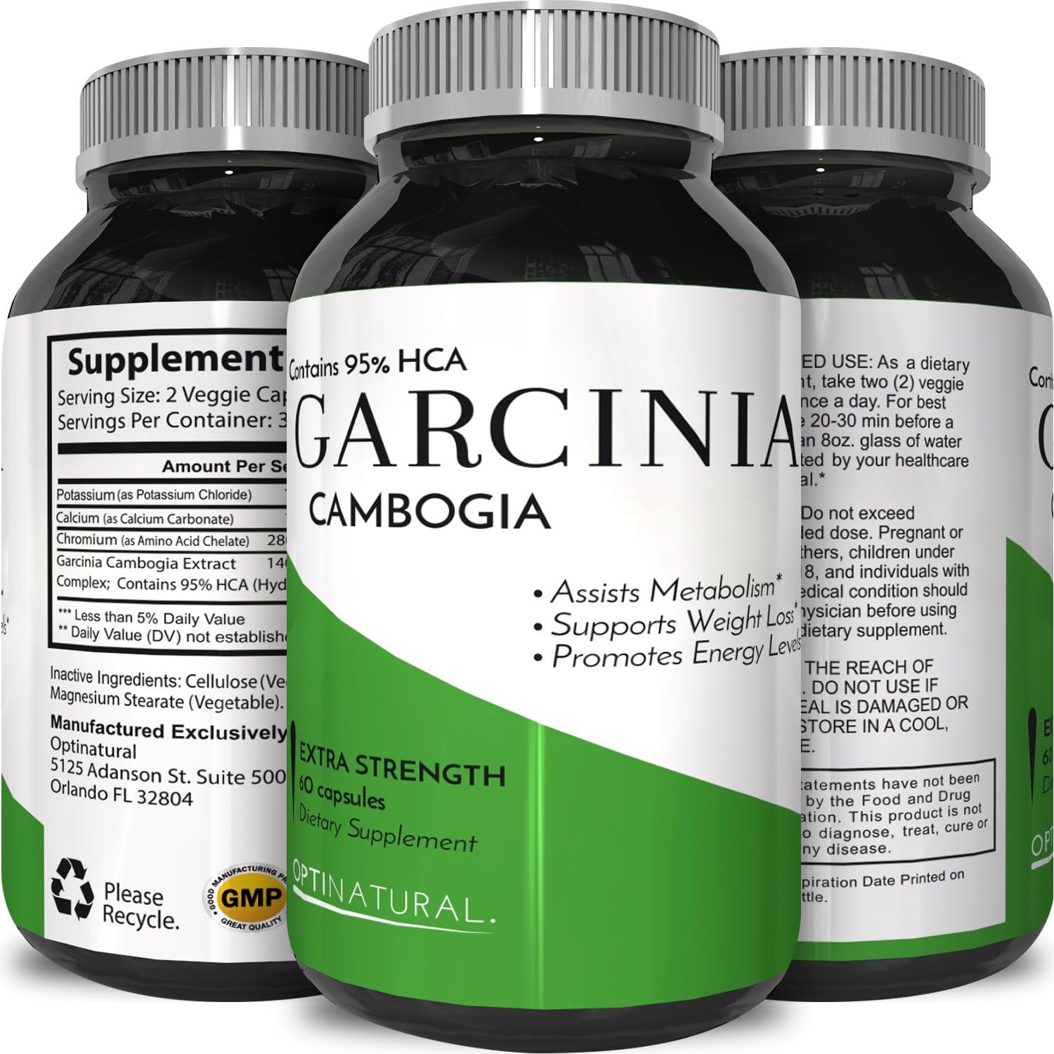Opti Natural's Garcinia Cambogia Raw 95 HCA Extract Weight Loss Pills for Women and Men Fat Burning Supplements for Abs Legs and Arms 60 capsules