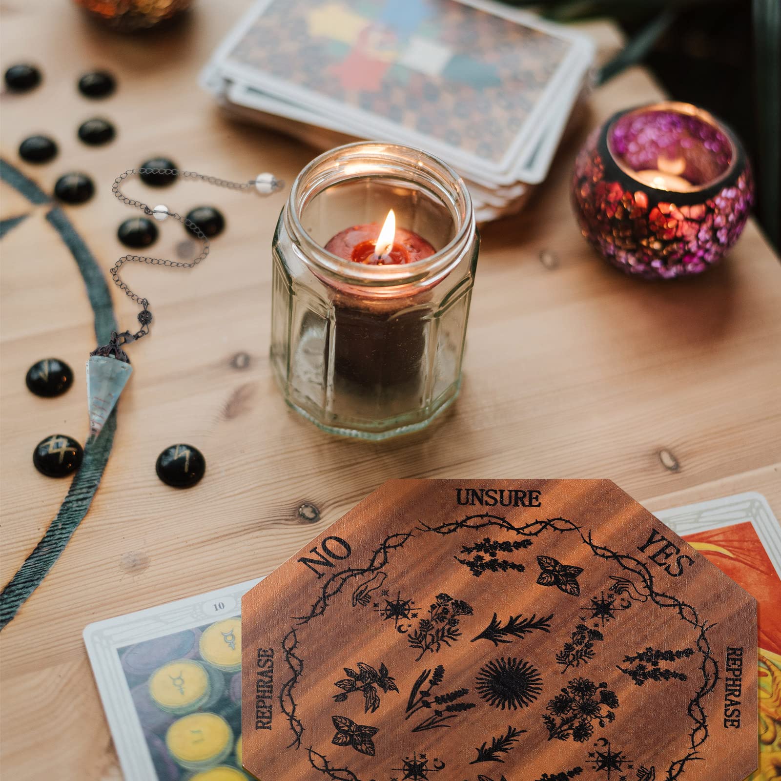 2 Pieces Pendulum Board Dowsing Divination Wooden Pendulum Board Set with Crystal Dowsing Witchcraft Wiccan Altar Supplies Kit for Divination Decoration