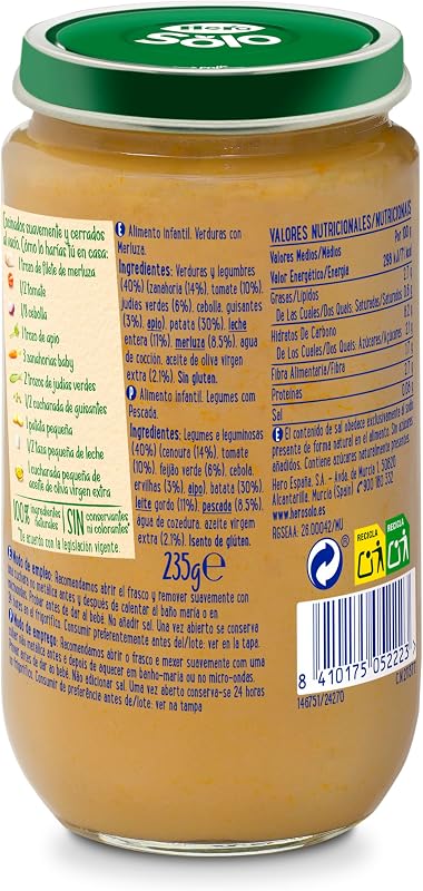 Hero baby caixa mista frascos de carne e peixe, legumes com pescada, bechamel com linguado e ensopado com carne e presunto, sem azeite de palma, 100% natural, a partir dos 6 meses, embalagem de 18x235 gr