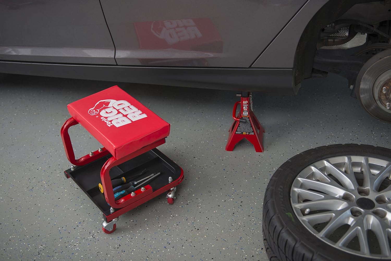 Torin TR6300 Red Rolling Creeper Garage/Shop Seat: Padded Mechanic Stool with Tool Tray: Automotive