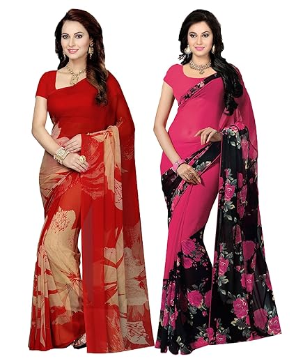 Combo of 2 Faux Georgette Red & Pink Printed Womens Saree/Sari
