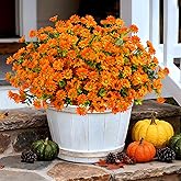 Artificial Mums Fall Fake Flowers for Outdoors, 10 Bundles Faux Mums Autumn Decorations,UV Resistant Silk Flowers Plastic Plants for Outside Front Porch Garden Patio Home Planters Decor (Orange)