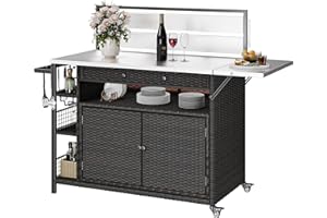DWVO XL Outdoor Bar Table & Storage Cabinet, Wheels and Stainless Steel Extended Table Top, Patio Bar Table with Side Handle for Patio Kitchen or Bar Cart, Dark Brown