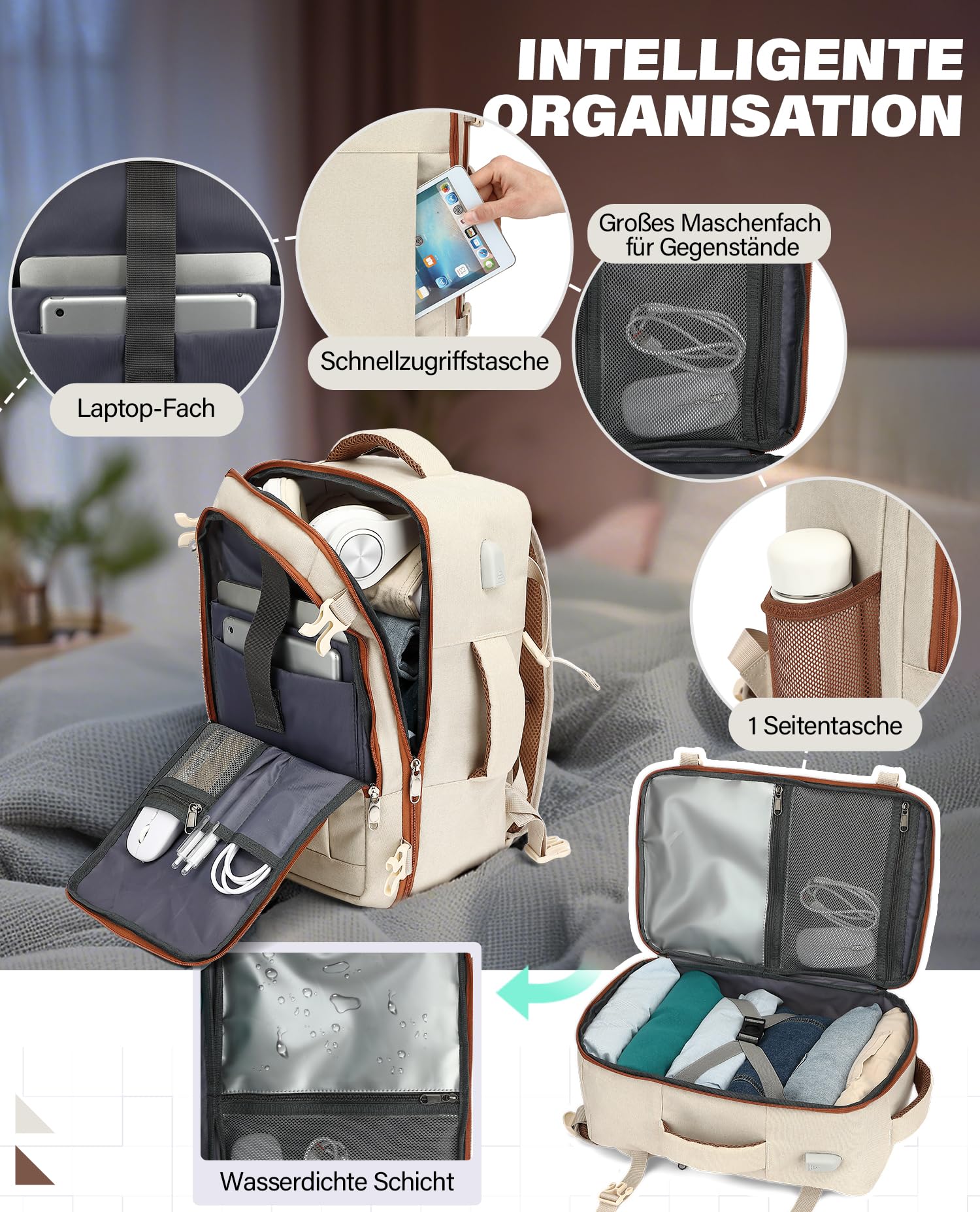 VANKEV für Easyjet Handgepäck 45x36x20 Laptop Rucksack Reiserucksack Handgepäck Tasche Rucksack 15.6 Zoll Laptop Backpack für Herren Damen Beige 4