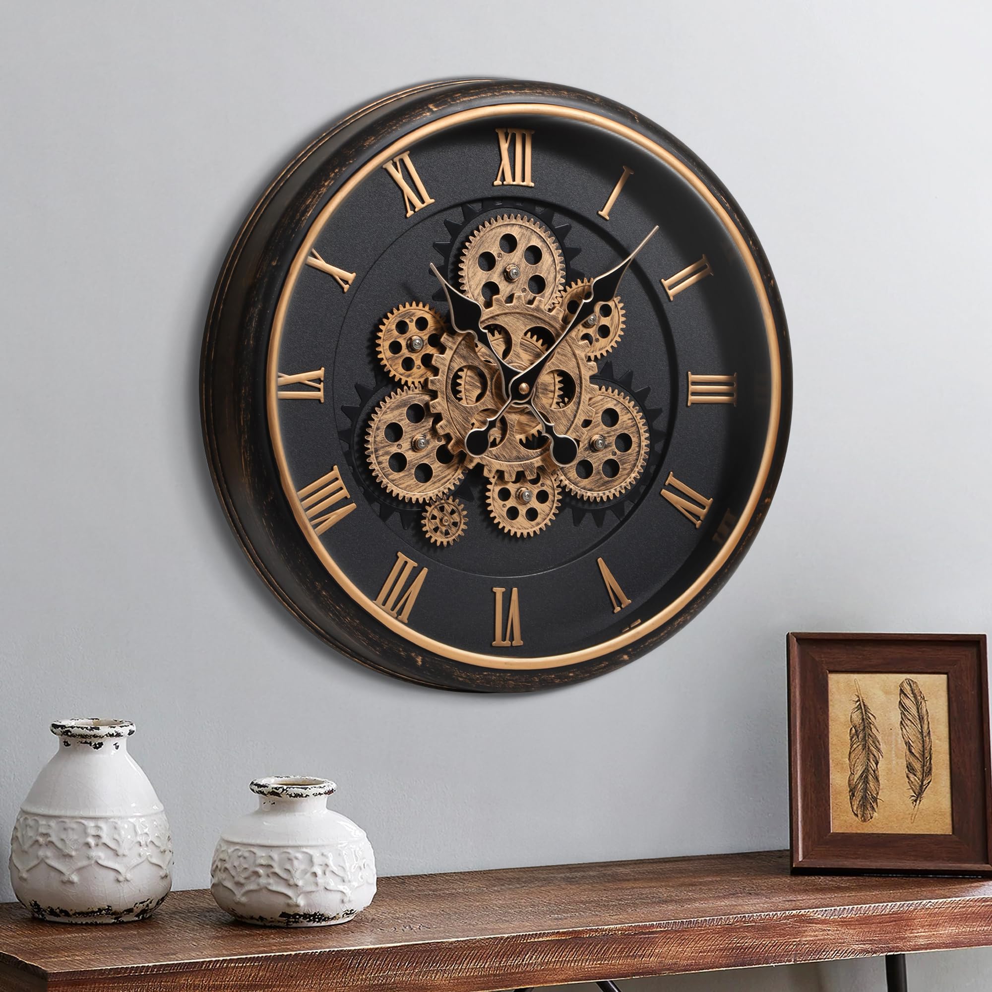 Mee 2ou Large Wall Clock with Moving Gear, 40cm / 16 Inch Retro Wall ...