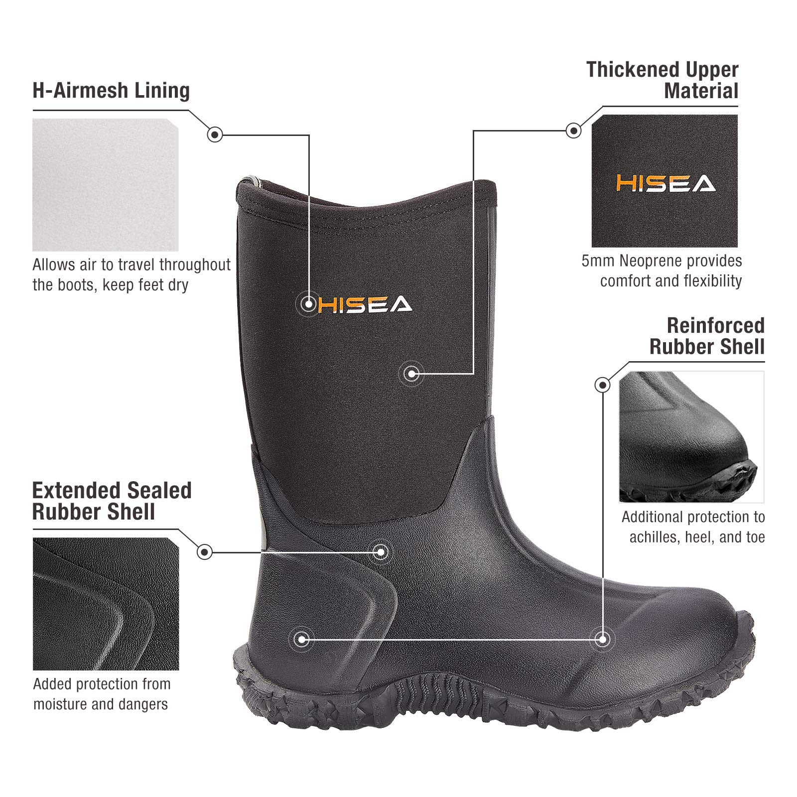 HISEA Kids Rain Boots Waterproof Neoprene Rubber Mud Boots Youth Rainboots Mid Calf Rain Shoes for Toddlers Kid Children Boys & Girls