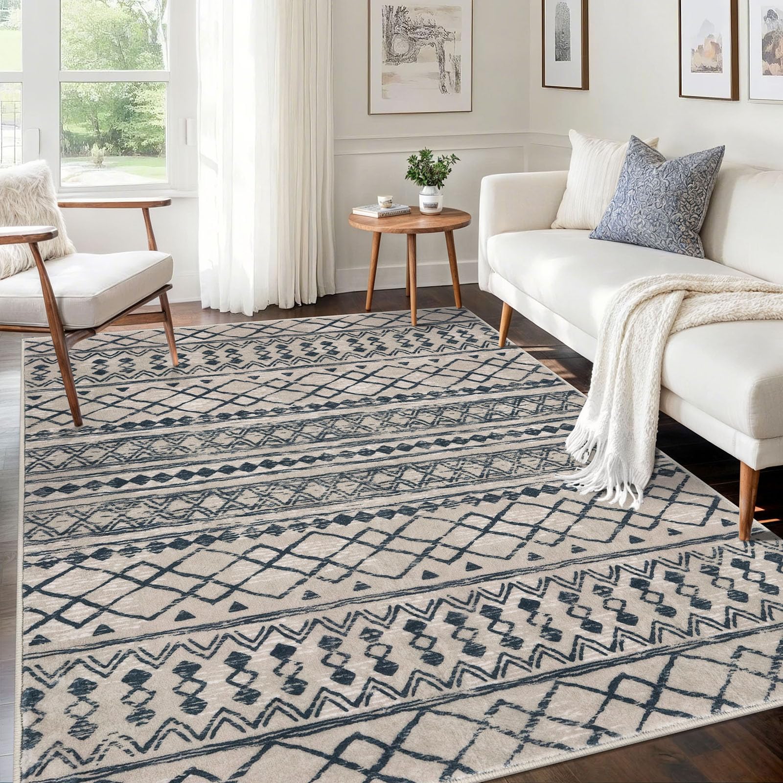 KUTA Area Rug 5x7 Light Brown Black, Washable Boho Large Living Room Moroccan Rugs Non-Slip, Ultra Soft Geometric Traditional Farmhouse Carpet for Dining Room Bedroom Dorm Office Home Décor Image