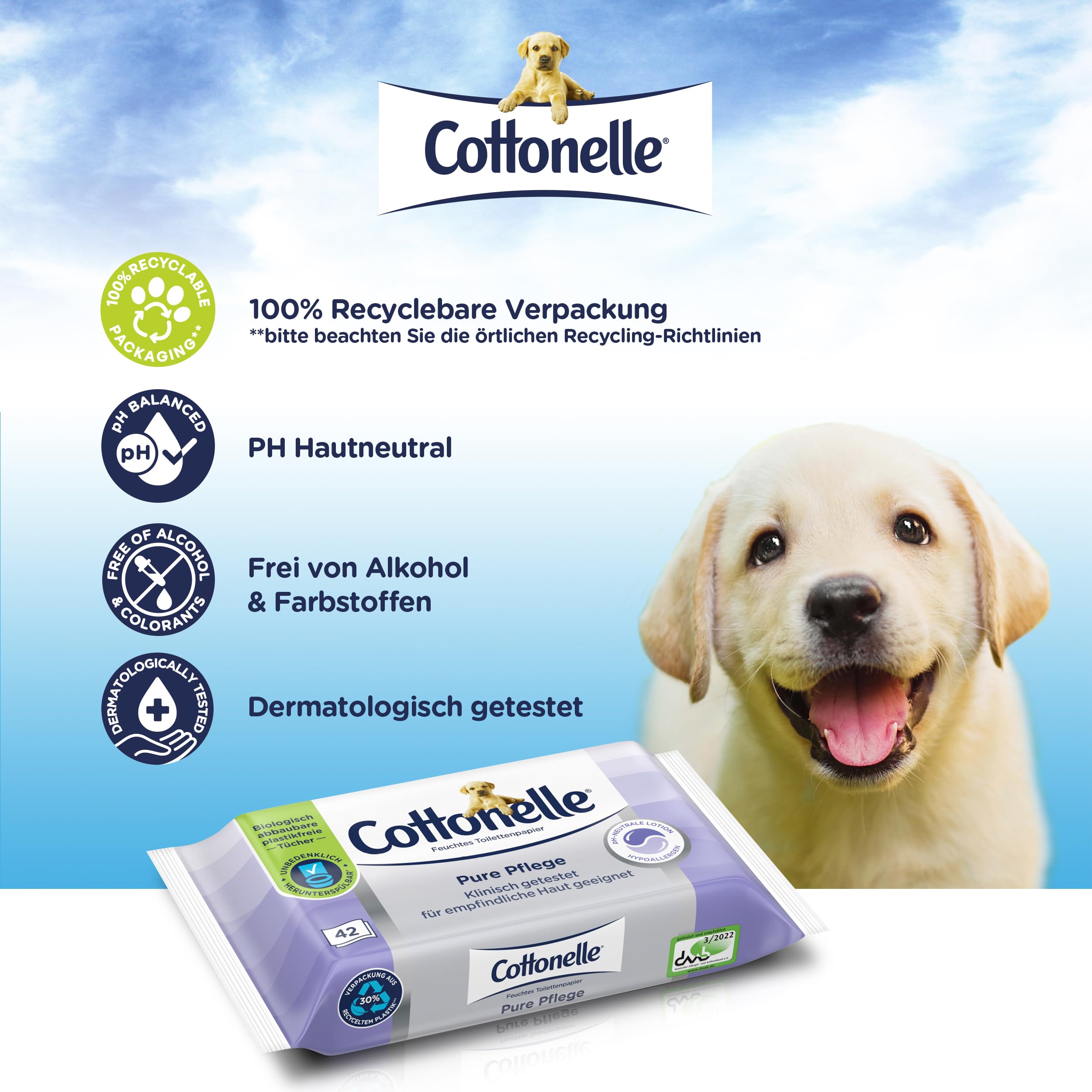 Cottonelle Feuchtes Toilettenpapier Pure Pflege, ultra-sensitive, 99% Wasser, 12 x 42 Tücher, parfümfrei & hypoallergen 8