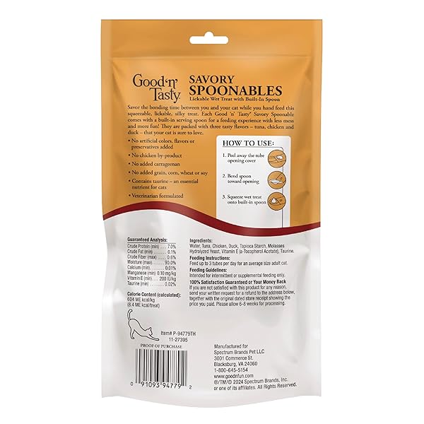 GOOD ‘N’ TASTY SAVORY SPOONABLES WITH REAL TUNA, CHICKEN AND DUCK FOR CATS, 10 COUNT, TREAT YOUR CAT TO TRIPLE FLAVOR SQUEEZABLE LICKABLE WET TREATS WITH BUILT-IN SPOON FOR LESS MESS