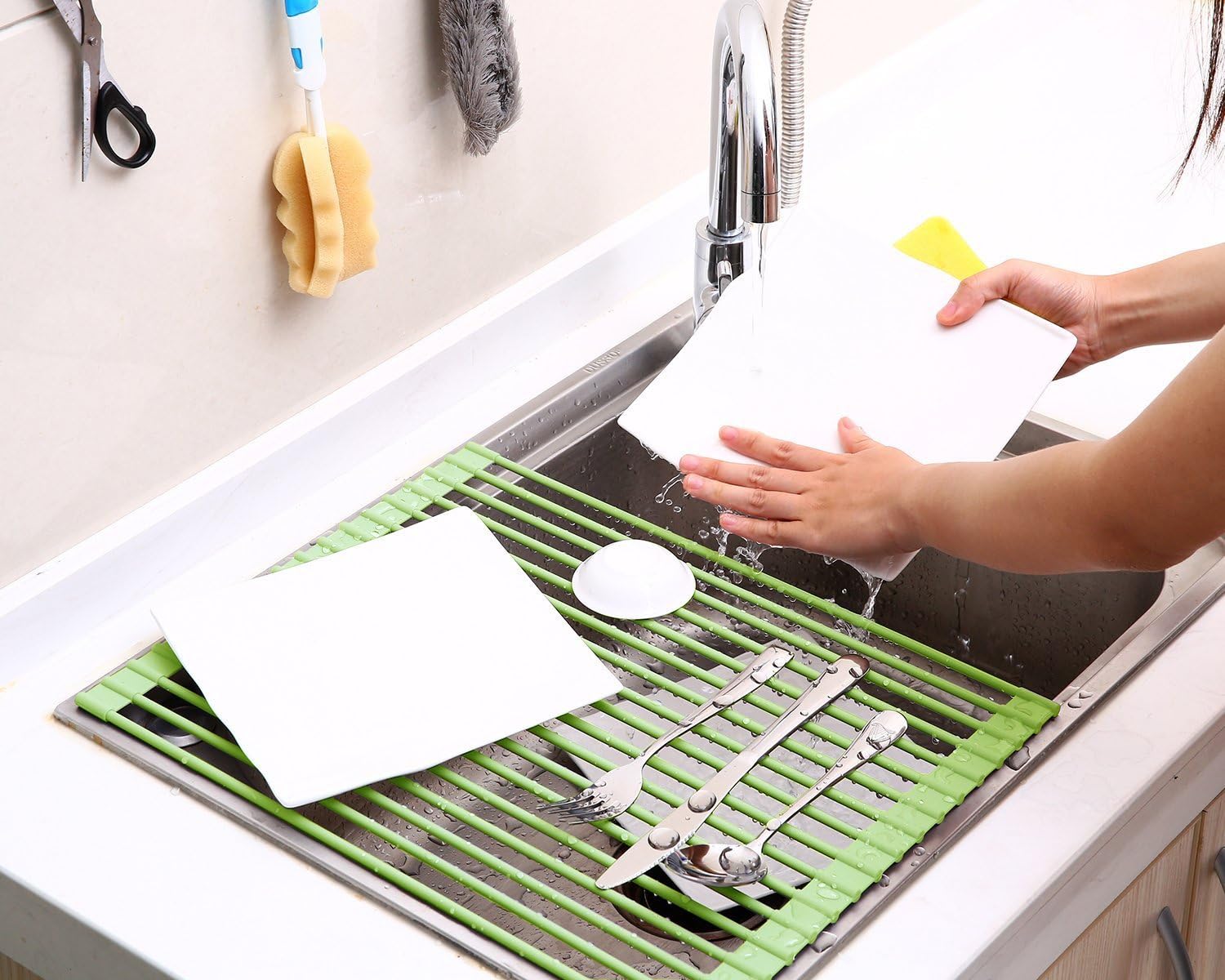 ULWHomeSilicone Over Stainless Steel Multipurpose Roll-Up Dish Drying Rack - Green