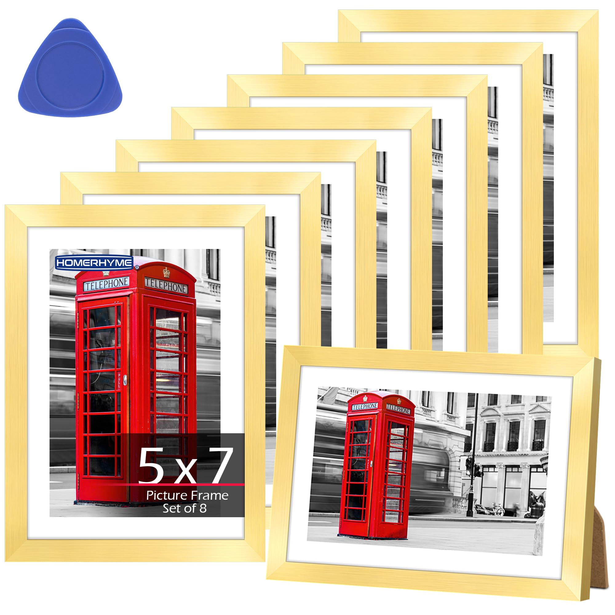 Photo 1 of HOMERHYME 5x7 Picture Frames 8 Pack, Gold Frames for Wall or Tabletop Display, Photo Frame Collage with HD Plexiglass for Home Office Wall Decor, Display Pictures 4x6 with Mat or 5x7 Without Mat