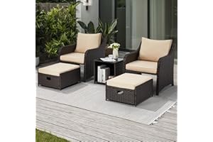 HOMREST 5 Piece Balcony Furniture, All Weather PE Wicker Rattan Patio Furniture Set, Cushioned Patio Chairs Set of 2 w/Ottoman&Table, Outdoor Lounge Chair for Lawn Pool Balcony, Khaki