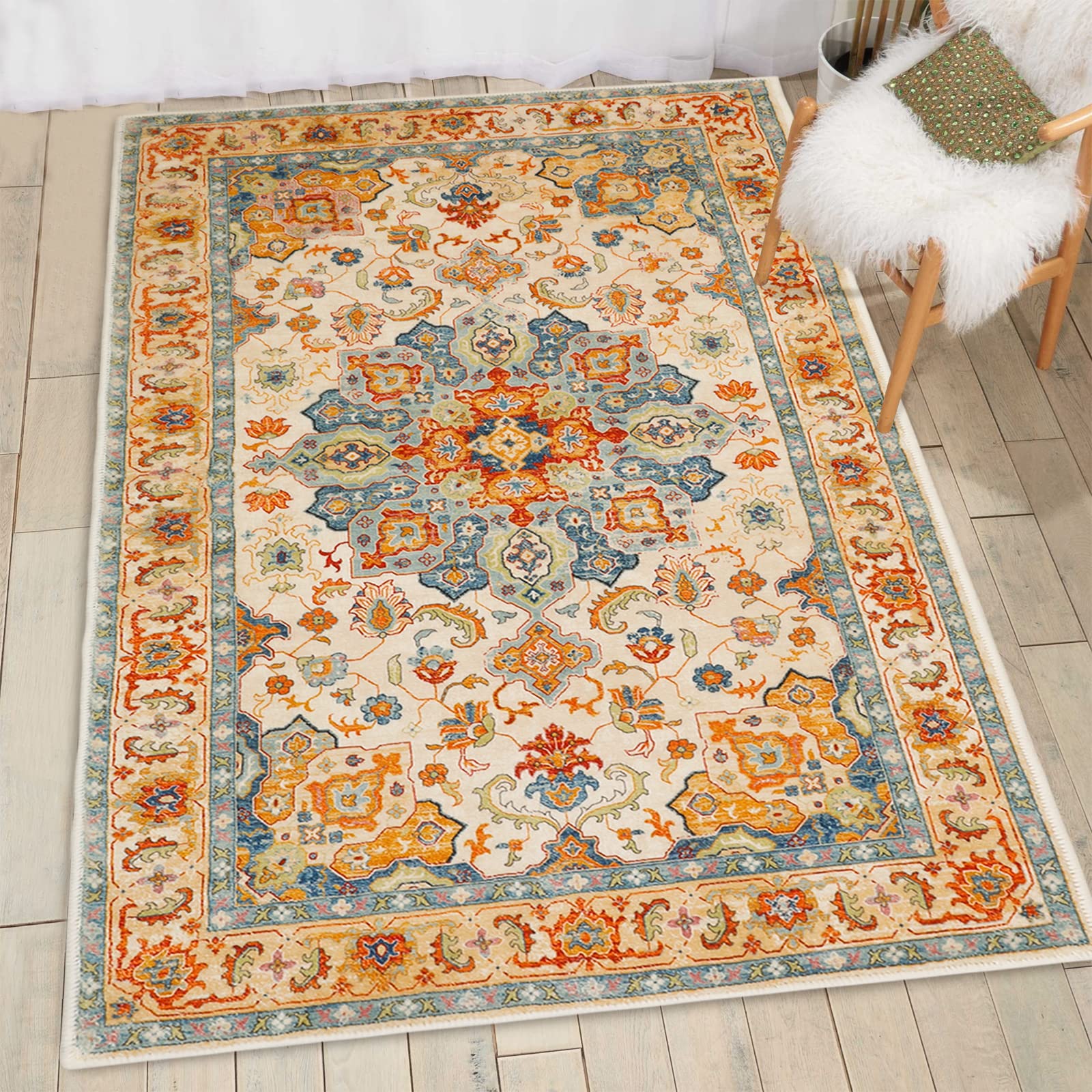 Photo 1 of COMSLE Boho Area Rug, 3' x 5' Machine Washable Rugs for Entryway Faux Wool Large Rugs Distressed Throw Rug Non-Slip Floor Carpet for Indoor Bedroom Kitchen Living Room