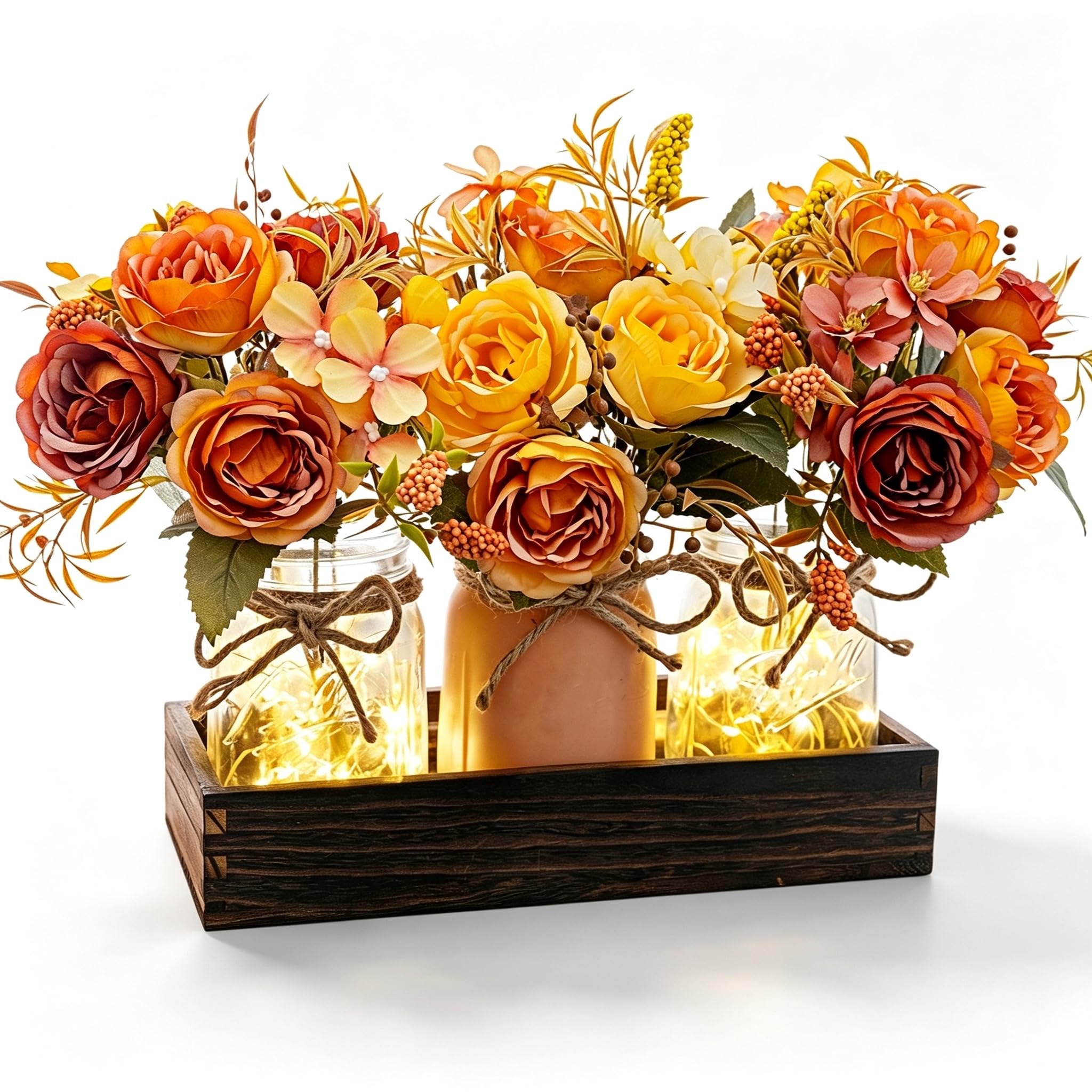 LUEUR Fall Mason Jar Centerpiece Set of 3 with Rustic Wood Tray