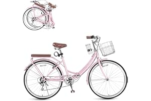 SAHISTCT 24 Inch/26 Inch Foldable Beach Cruiser Bike with Coffee Cup for Women , 7-Speed Women's Bike with Basket, Adult Folding Cruiser Bike, City Commuter Bike,Carbon Steel Frame & Dual V-Type Brakes