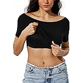 ZeroBound Built in Shelf Bra Off Shoulder Tops - Short Sleeve Off Shoulder Crop Shirts for Women, Basic Going Out Tops