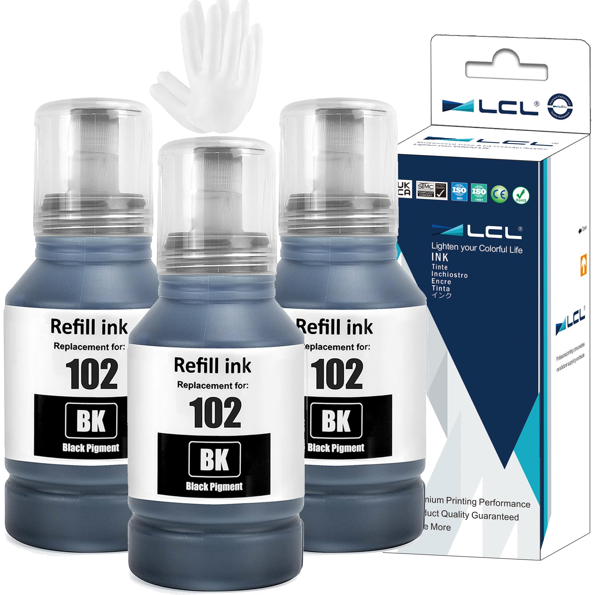 LCL 102 Black Ink Bottle Replacement for Epson 102 Ink Cartridge Bottle Multipack Compatible with Epson EcoTank ET-2750 ET-2751 ET-2756 ET-2850 ET-2851 ET-2856 ET-3700 ET-3850 ET-4750 ET-4850 (3 Pack)