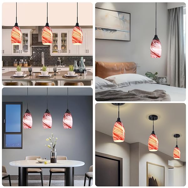 VIINEW MINI GLASS PENDANT LIGHT,3-PACK HANDBLOWN BURGUNDY MARBLE ART GLASS HANGING LIGHT 4.72″ OVAL CEILING HANGING LIGHT FIXTURE FOR DINING ROOM KITCHEN ISLAND CAFE FOYER HALLWAY
