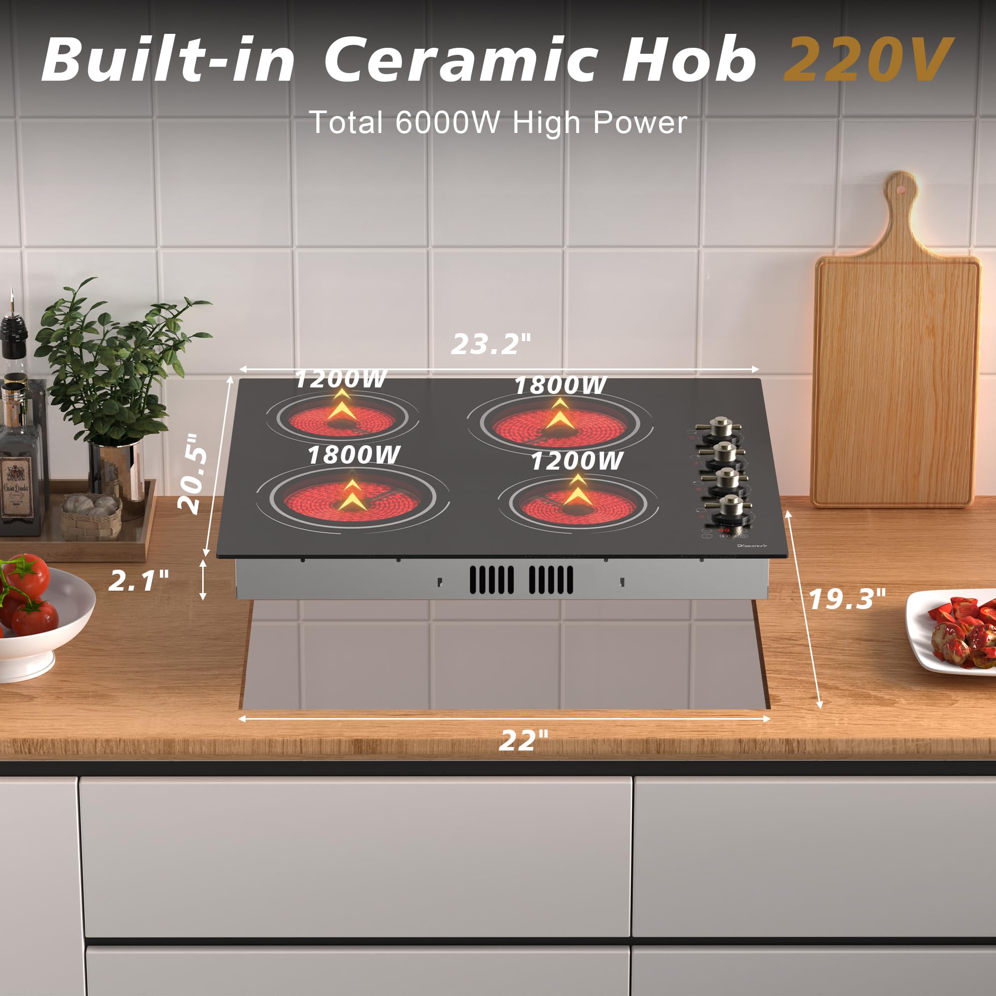 24 Inch Electric Cooktop - 4 Burner Drop-in Glass Ceramic Stove Top 6000W, 220V Radiant Electric Stove, 9 Power Level, Pause Key, Safety Lock, Touch & Knob Control, 240V Hard Wired (No Plug)