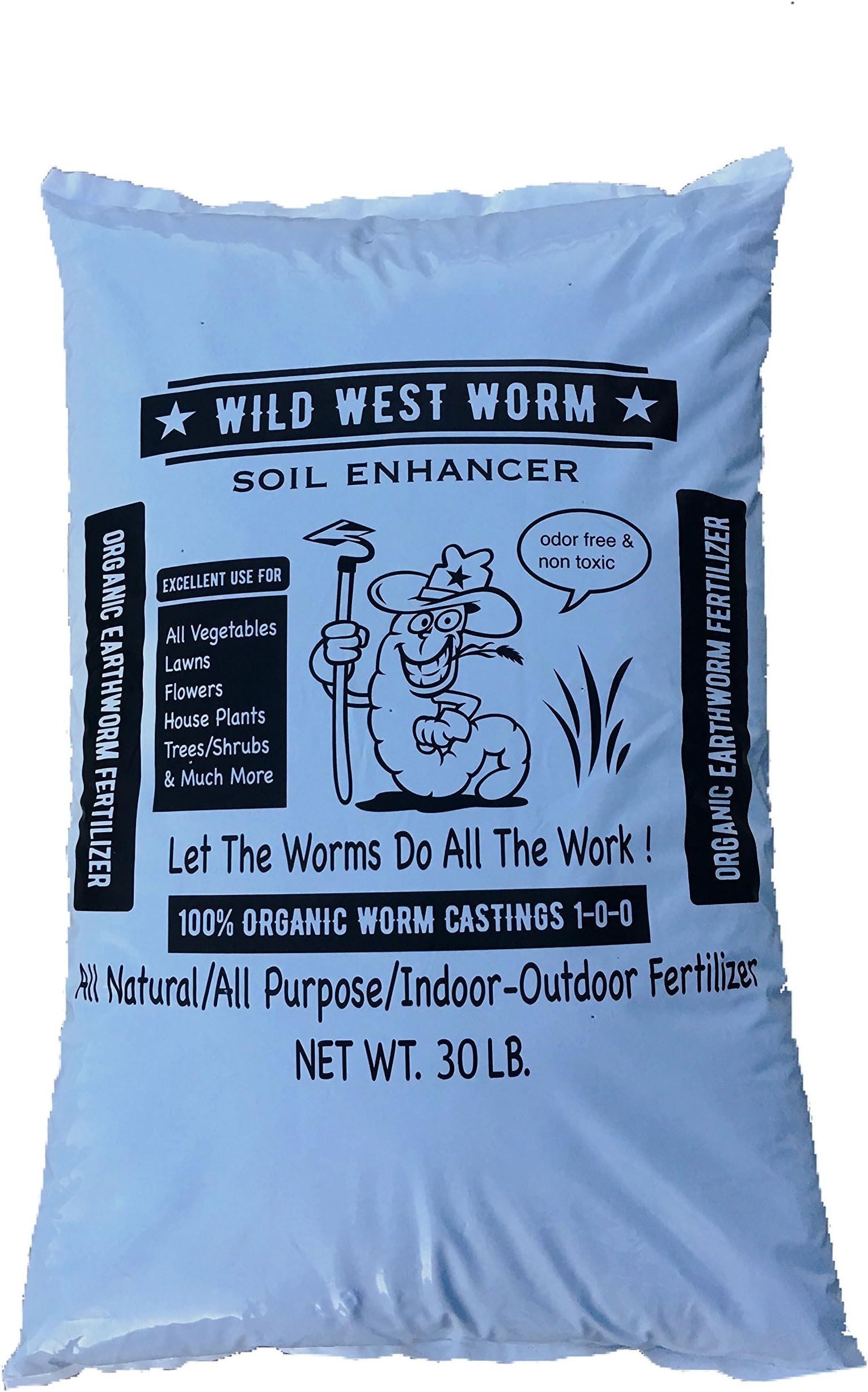 Wild West Worm 100% Worm Castings Soil Enhancer - 30 LB. All Natural, All Purpose, Indoor and Outdoor Fertilizer