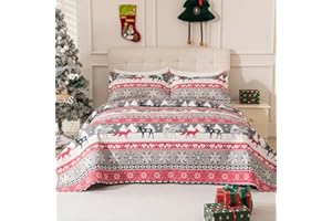 3-Piece Christmas Quilt Set Queen/Full Size, Soft Xmas Snowflake Reindeer Bedding Sets Cozy Christmas Bedspread, New Year Hol